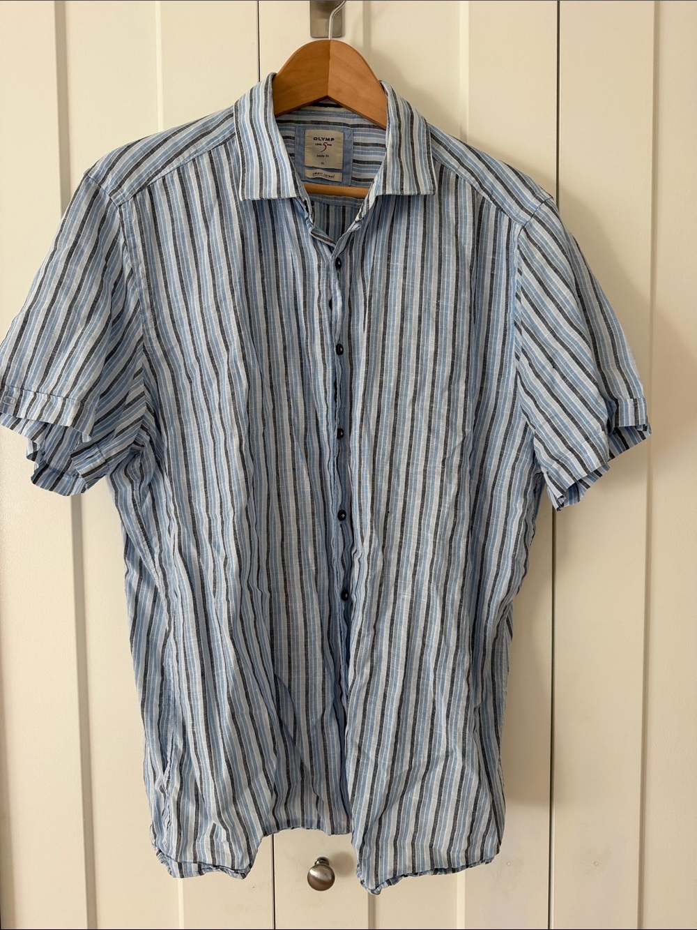 100% Linen Light Blue Striped Short-Sleeve Button-Down short sleeve Shirt